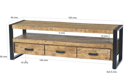 Tv-meubel Nairobi bruin mangohout 150 cm, maatvoering met afmetingen