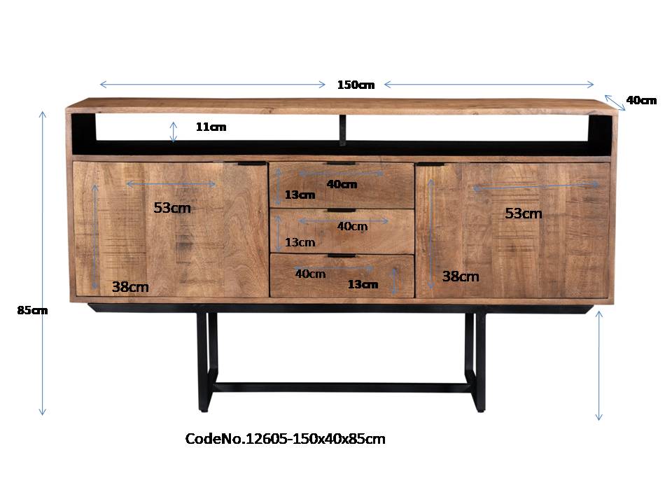 Dressoir Valdez 150 cm naturel mangohout, maatvoering met afmetingen
