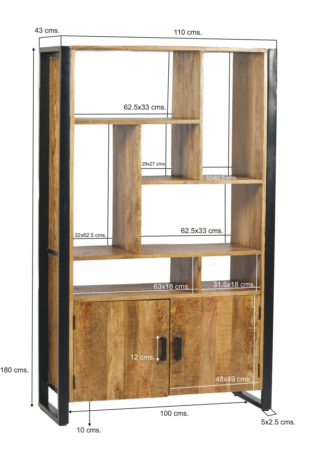 Opbergkast Nairobi bruin mangohout 110 x 180 cm, maatvoering met afmetingen