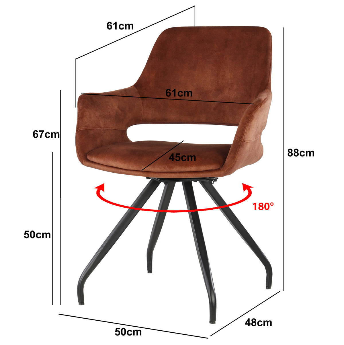 Eetkamerstoel Capp velvet rust rood, maatvoering met afmetingen