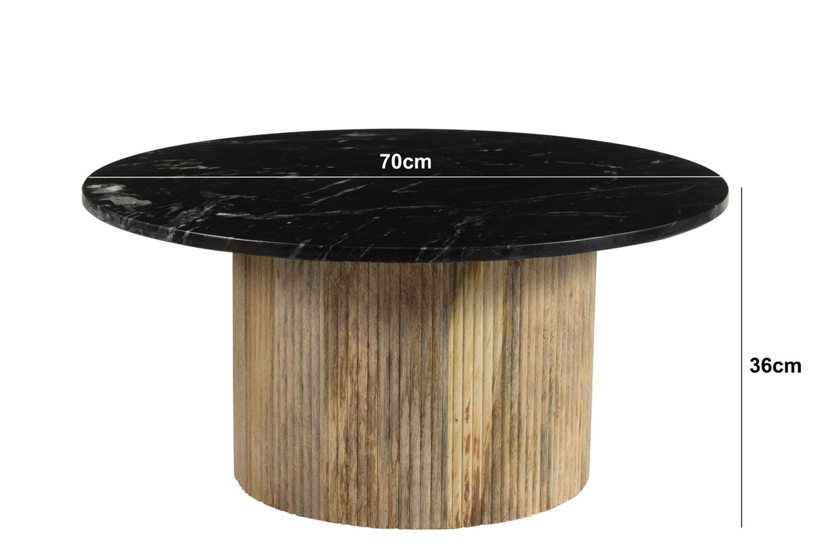 Salontafel Brix Nova rond zwart marmer mangohout, maatvoering met afmetingen