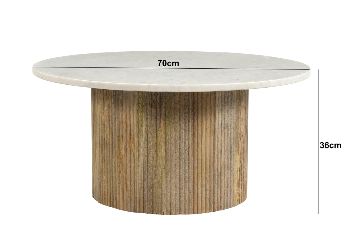 Salontafel Brix Nova rond wit marmer mangohout, maatvoering met afmetingen