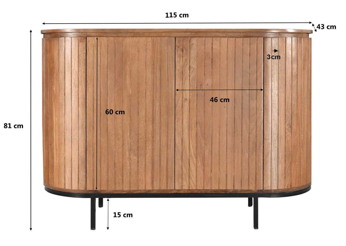 Dressoir Noor naturel mangohout, maatvoering met afmetingen