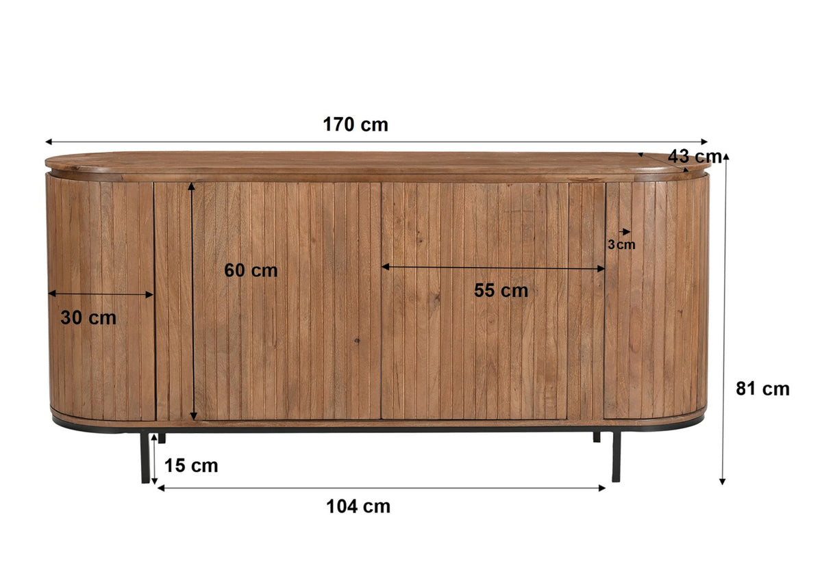 Dressoir Noor naturel mangohout, maatvoering met afmetingen
