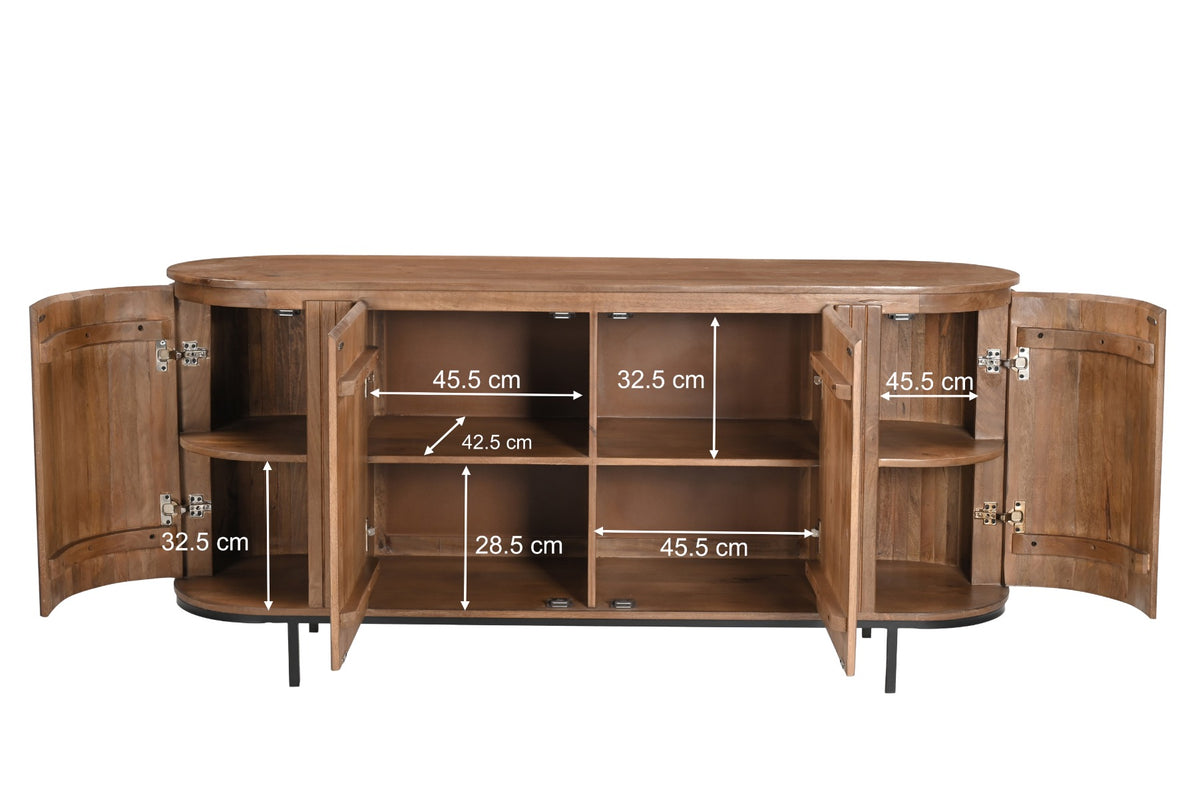 Dressoir Noor naturel mangohout, maatvoering met afmetingen