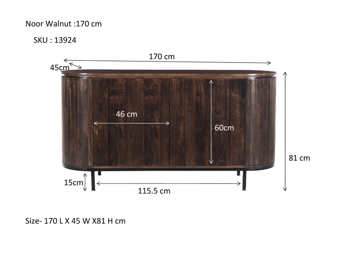 Dressoir Noor walnoot mangohout, maatvoering met afmetingen