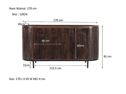 Dressoir Noor walnoot mangohout, maatvoering met afmetingen