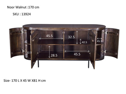 Dressoir Noor walnoot mangohout, maatvoering met afmetingen