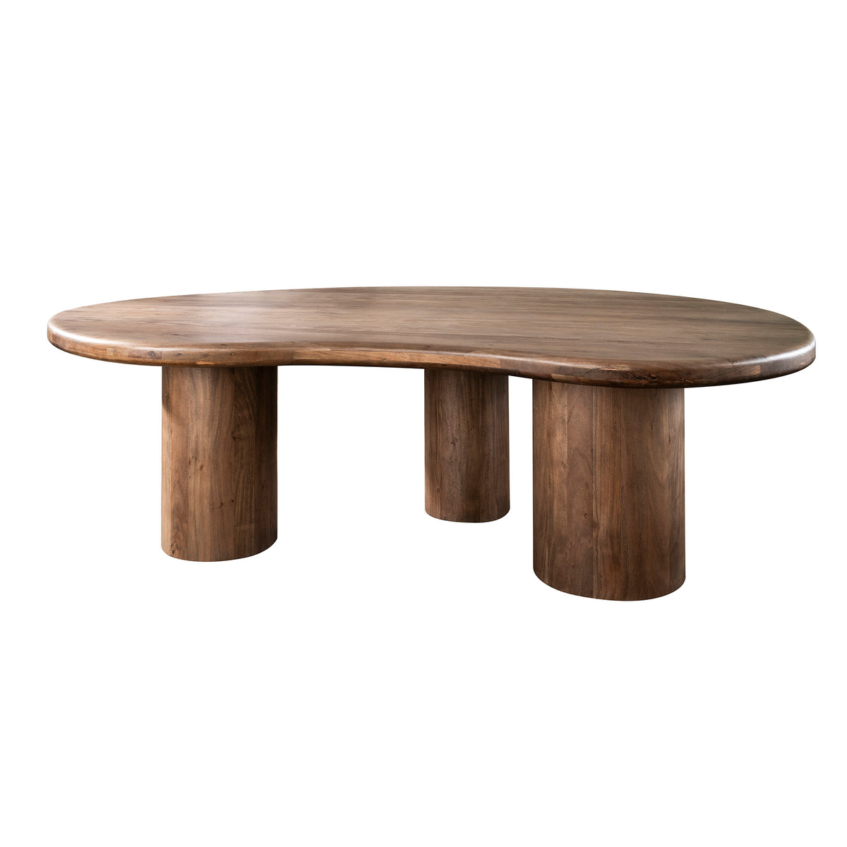 Eettafel Sculpture acaciahout, schuin vooraanzicht op witte achtergrond