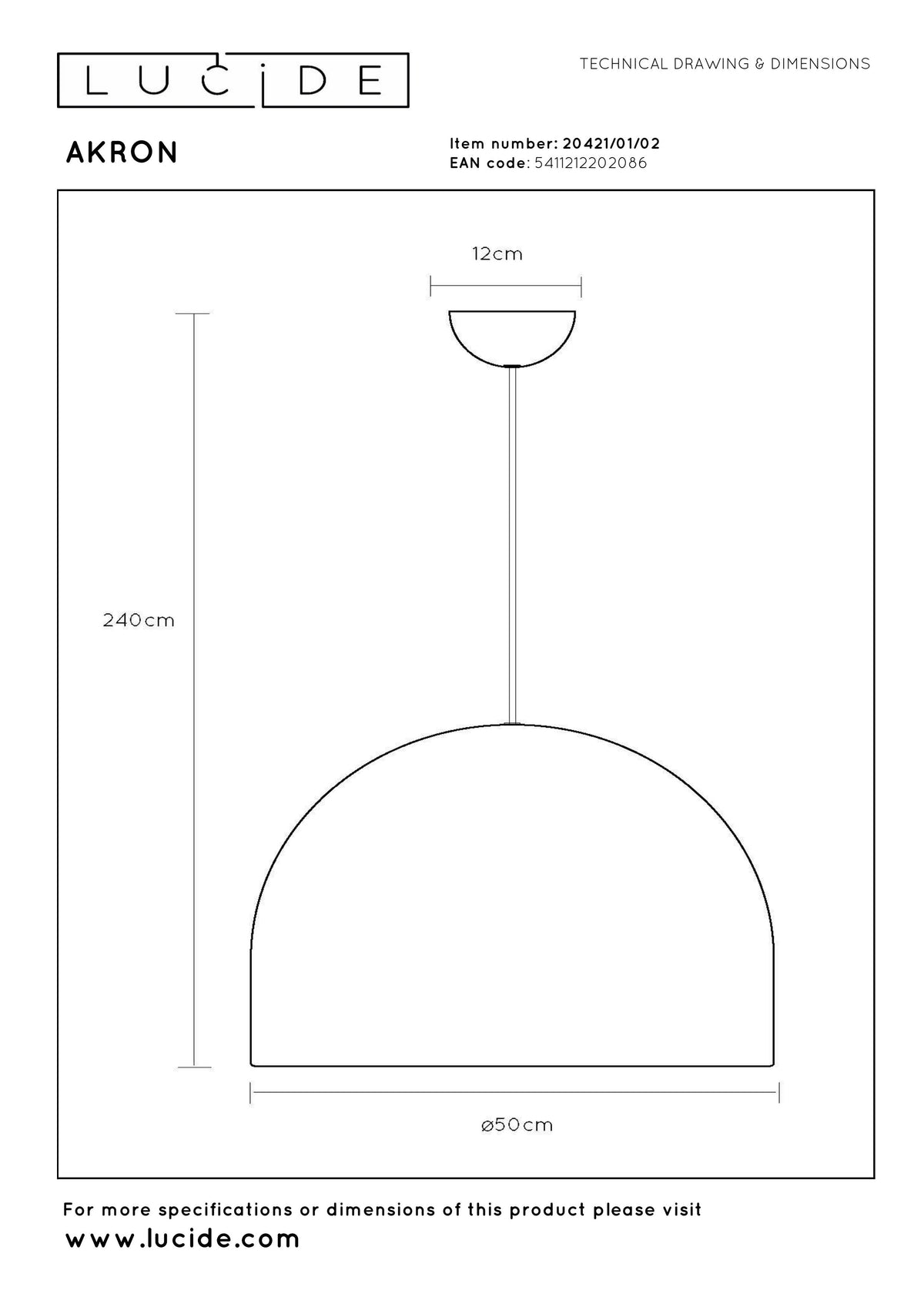 Hanglamp Akron e27 goud, maatvoering met afmetingen