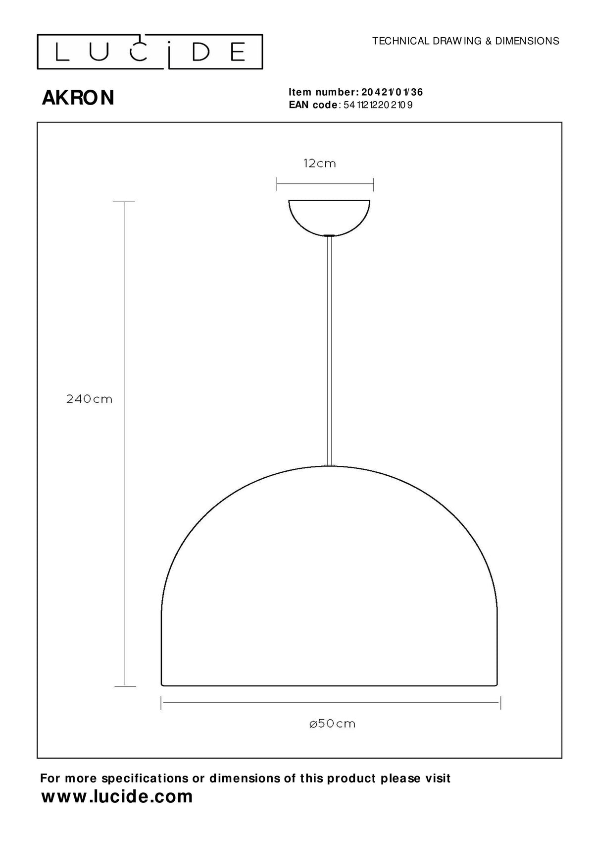 Hanglamp Akron e27 grijs, maatvoering met afmetingen