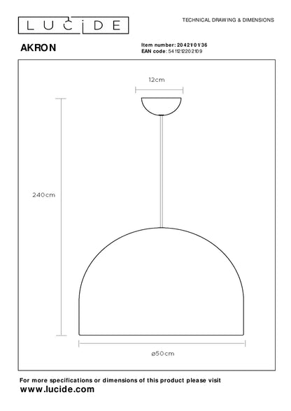 Hanglamp Akron e27 grijs, maatvoering met afmetingen