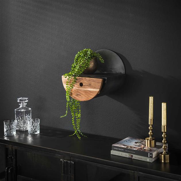 Wandschap Half Moon Ø30 met lade | Naturel massief acacia