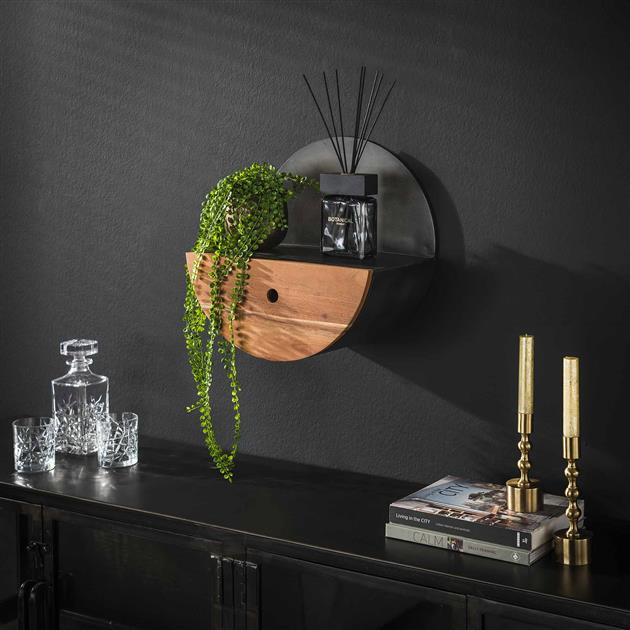 Wandschap Half Moon Ø40 met lade | Naturel massief acacia