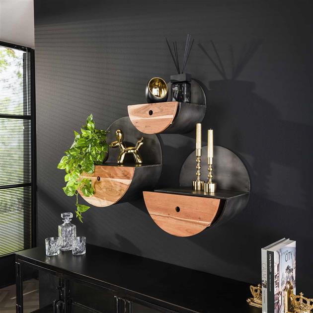 Wandschap Half Moon Ø40 met lade | Naturel massief acacia