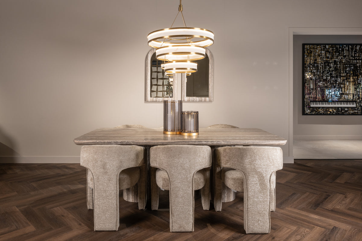 Eettafel Dulce grijs marmer, vooraanzicht in een interieur