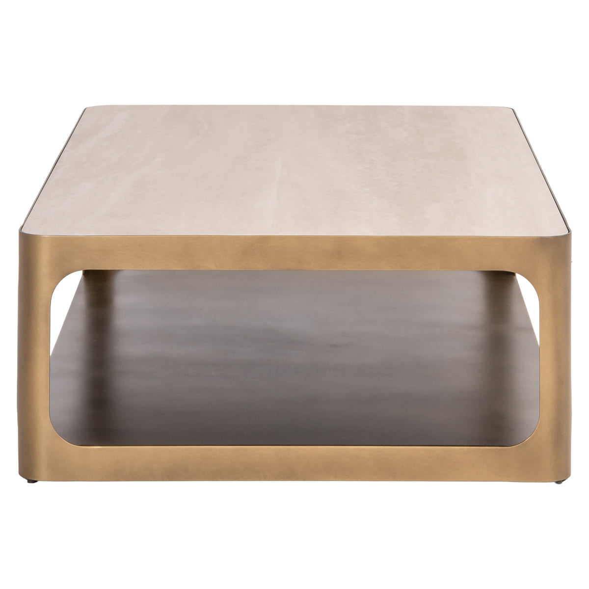 Salontafel Claridge beige metaal, zijaanzicht op witte achtergrond