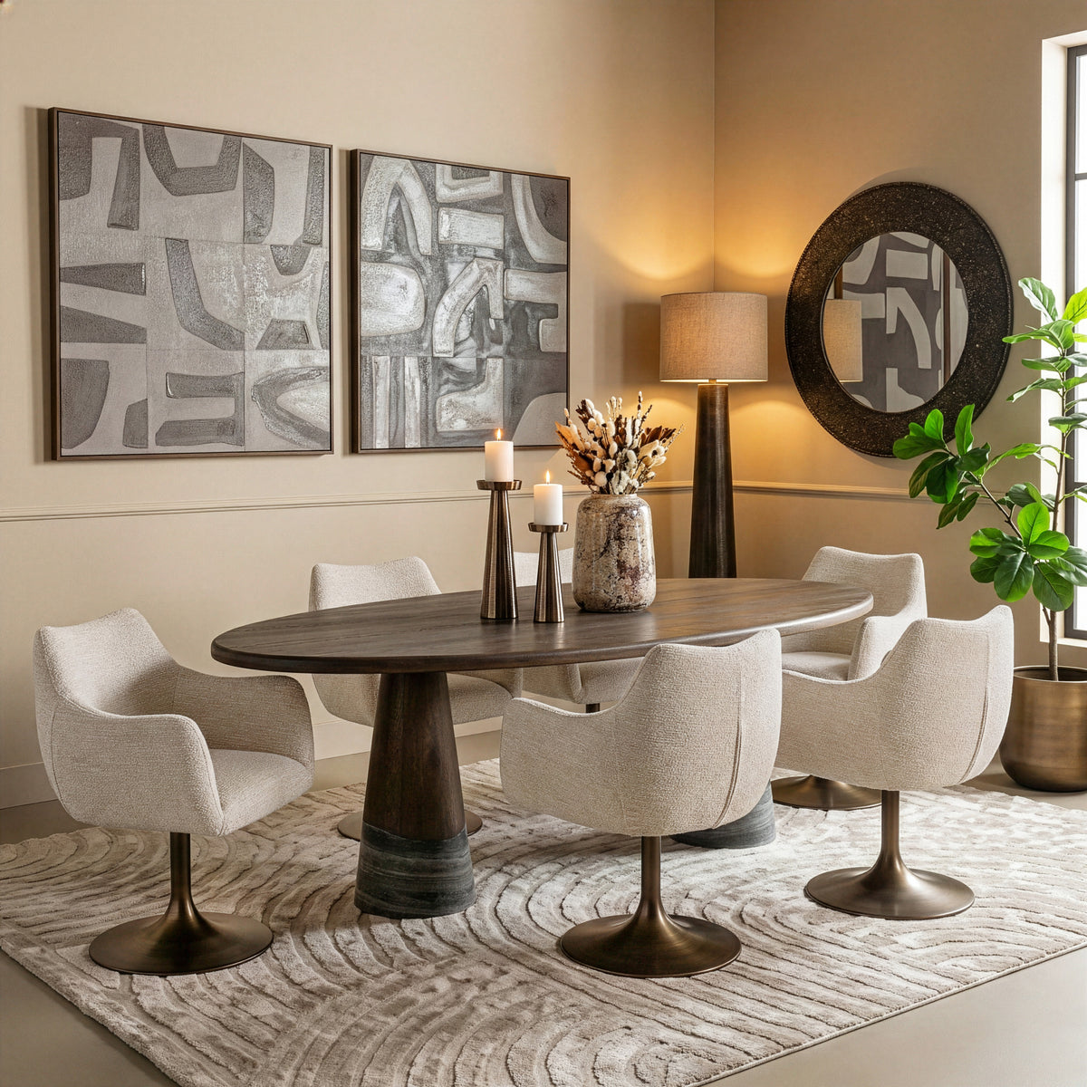Eettafel Harper donkergrijs eikenhout, schuin vooraanzicht in een interieur