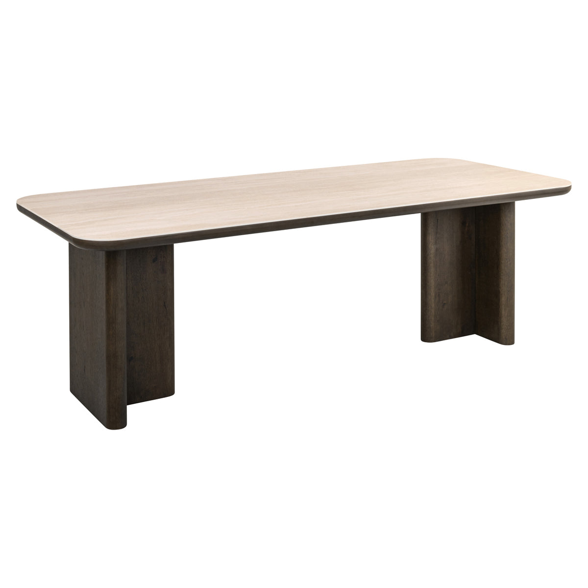 Eettafel Nando bruin eiken fineer 230 cm, schuin vooraanzicht op witte achtergrond
