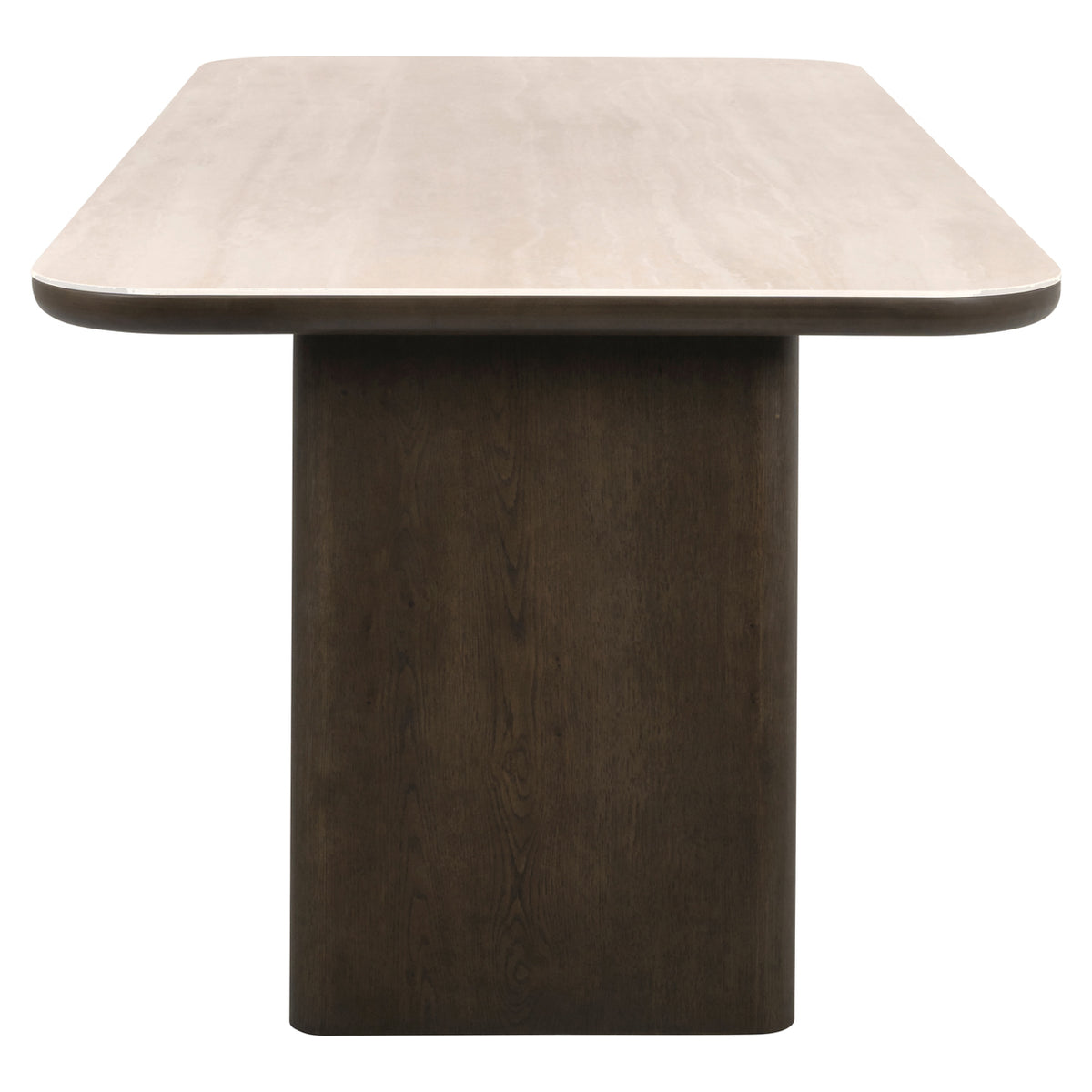 Eettafel Nando bruin eiken fineer 230 cm, zijaanzicht op witte achtergrond