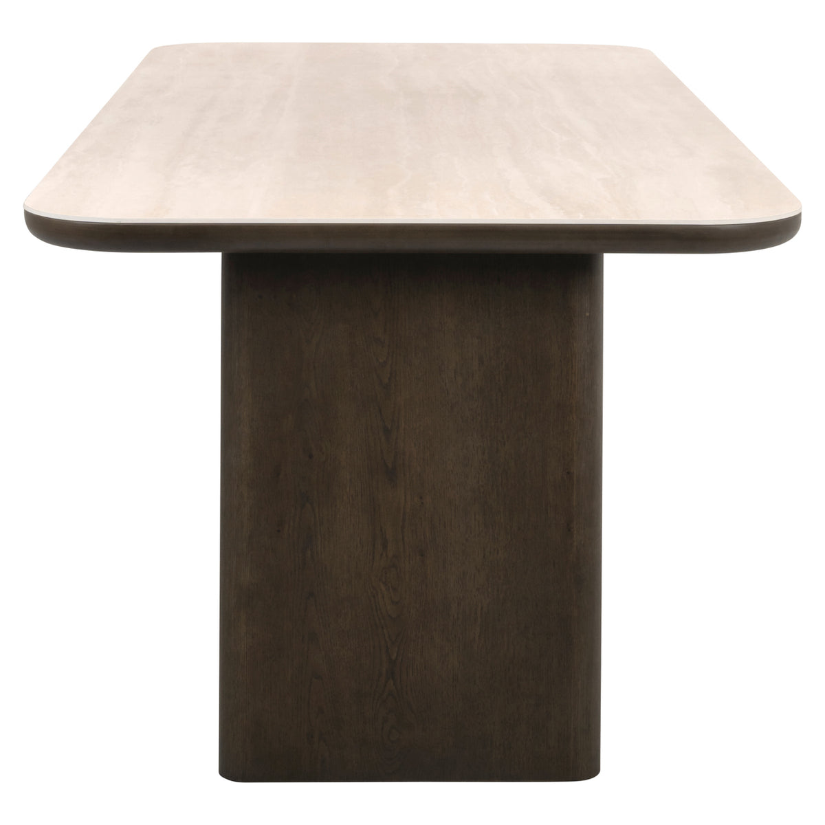 Eettafel Nando bruin eiken fineer 270 cm, zijaanzicht op witte achtergrond