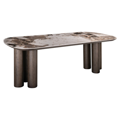 Eettafel Langford bruin mdf 230 cm, schuin vooraanzicht op witte achtergrond
