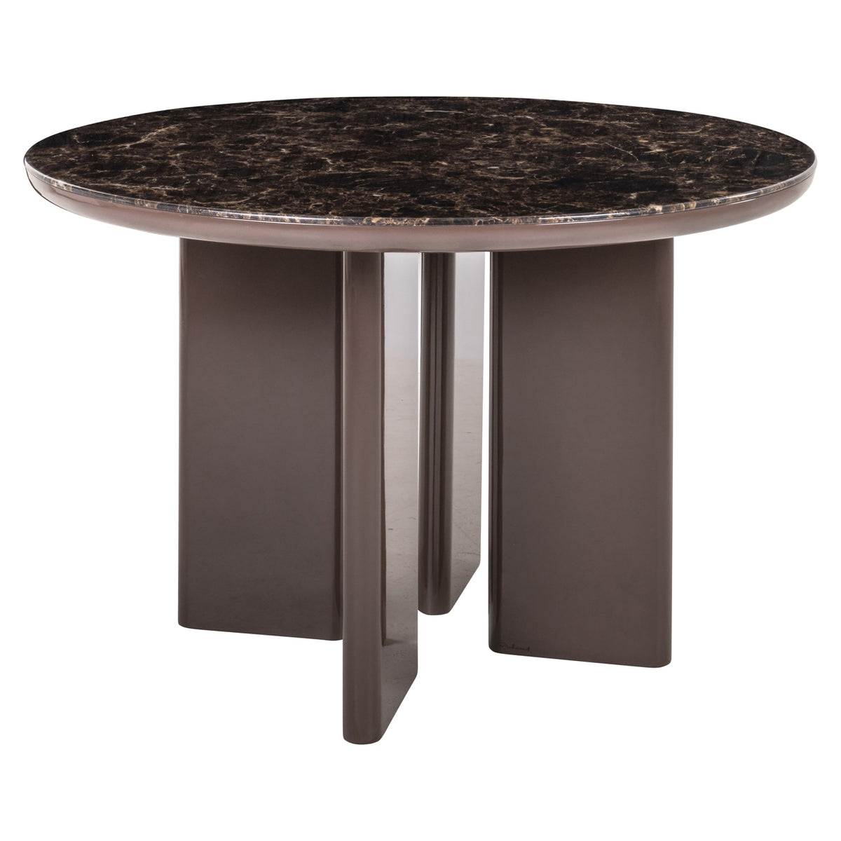 Eettafel Almundi bruin mdf ø 120 cm, schuin vooraanzicht op witte achtergrond