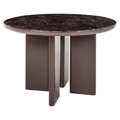 Eettafel Almundi bruin mdf ø 120 cm, schuin vooraanzicht op witte achtergrond