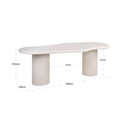 Eettafel Bloomstone wit gips 230 cm, maatvoering met afmetingen