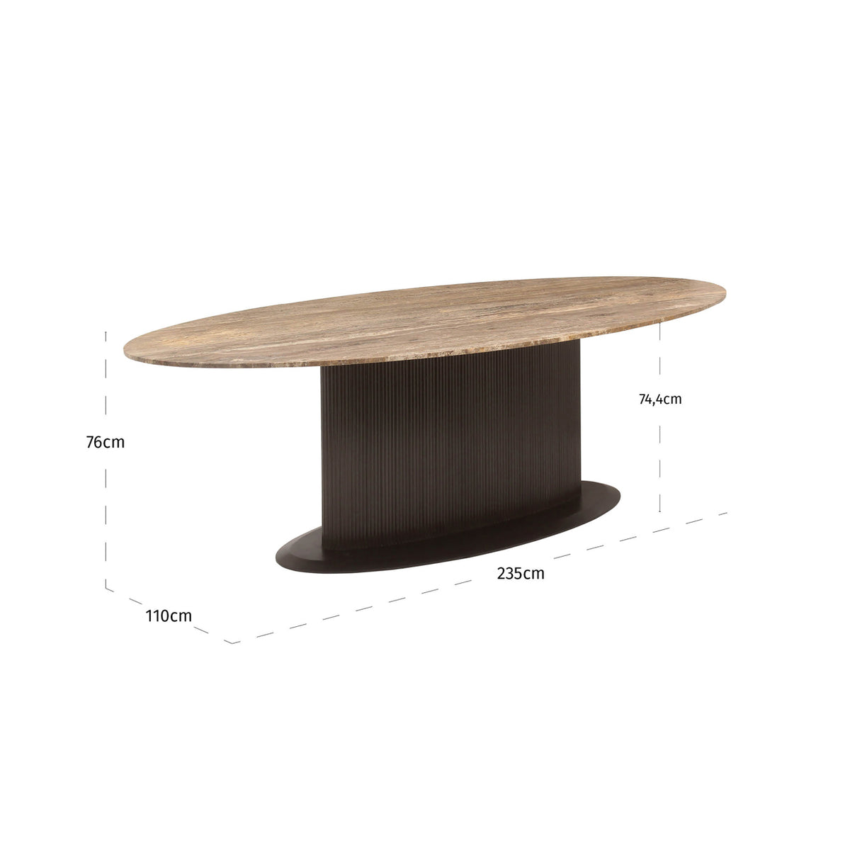 Eettafel Russo bruin travertin, maatvoering met afmetingen