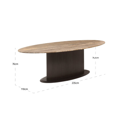 Eettafel Russo bruin travertin, maatvoering met afmetingen