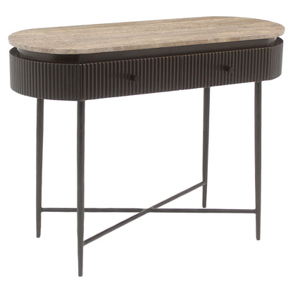 Sidetable Russo bruin travertin, schuin vooraanzicht op witte achtergrond