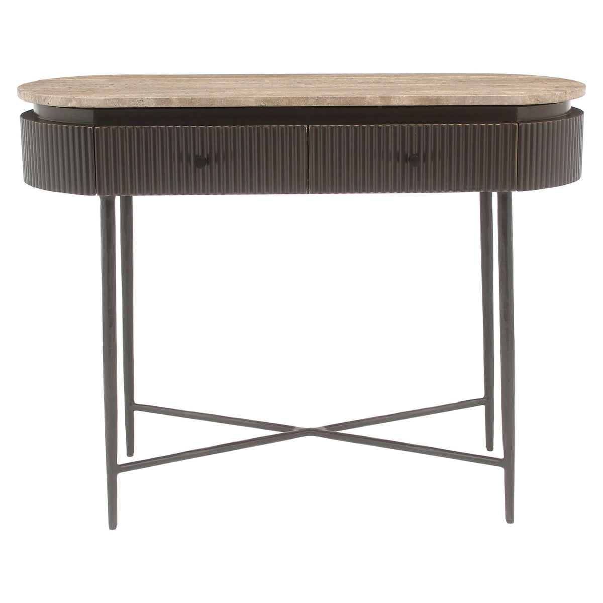 Sidetable Russo bruin travertin, vooraanzicht op witte achtergrond