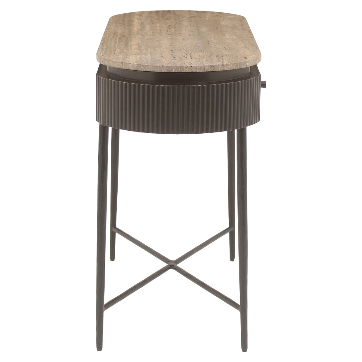 Sidetable Russo bruin travertin, zijaanzicht op witte achtergrond