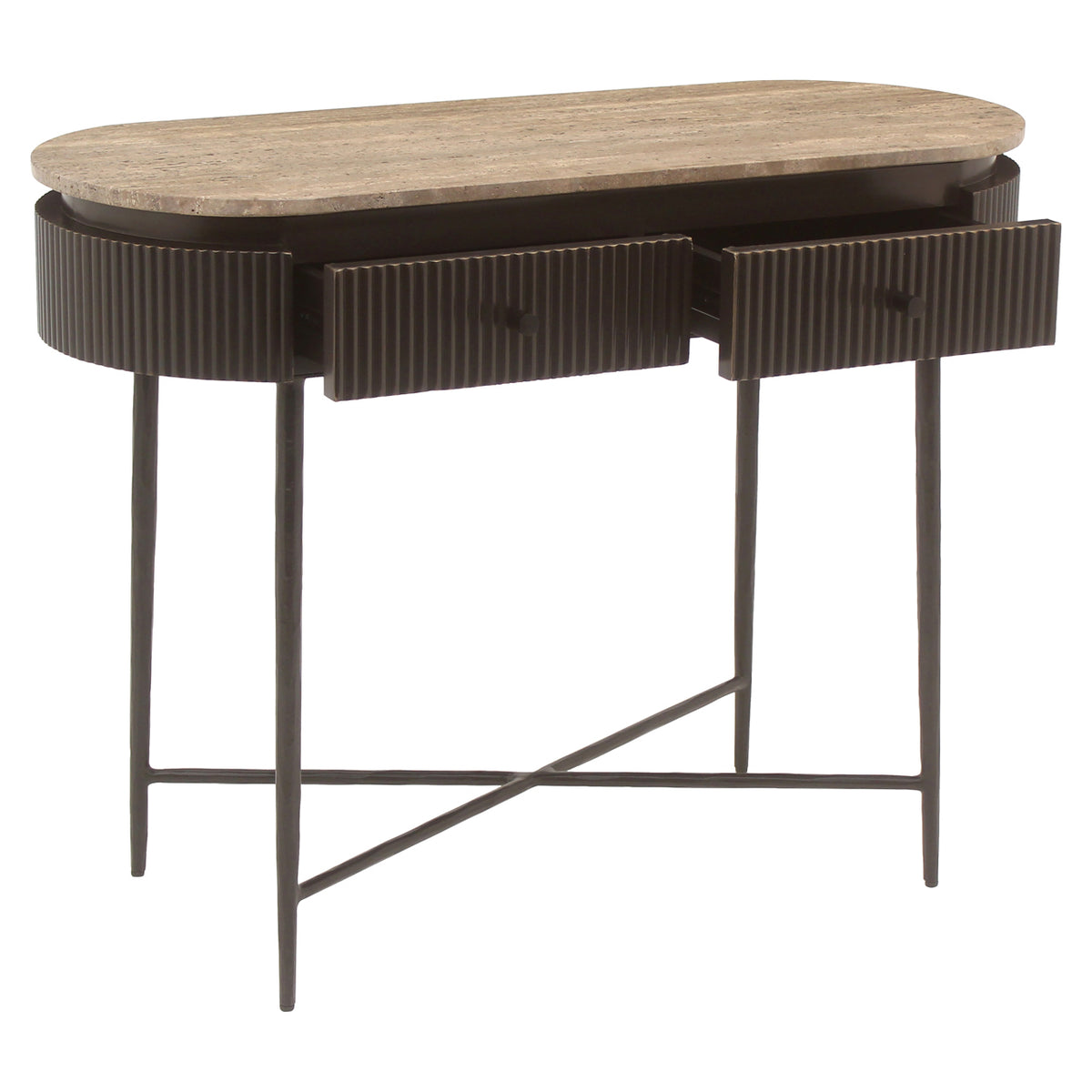 Sidetable Russo bruin travertin, detail van de functie