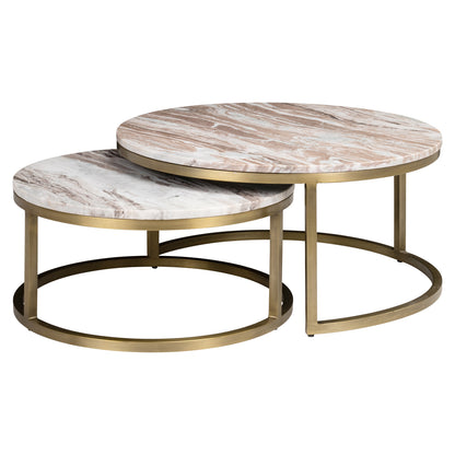 Salontafel Bottega beige marmer 85 cm, schuin vooraanzicht op witte achtergrond