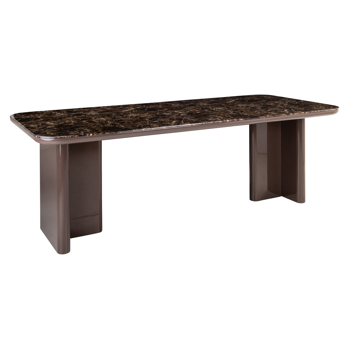 Eettafel Almundi bruin mdf 230 cm, schuin vooraanzicht op witte achtergrond