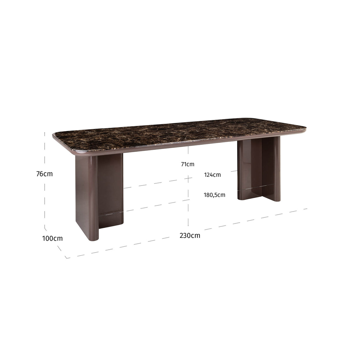 Eettafel Almundi bruin mdf 230 cm, maatvoering met afmetingen
