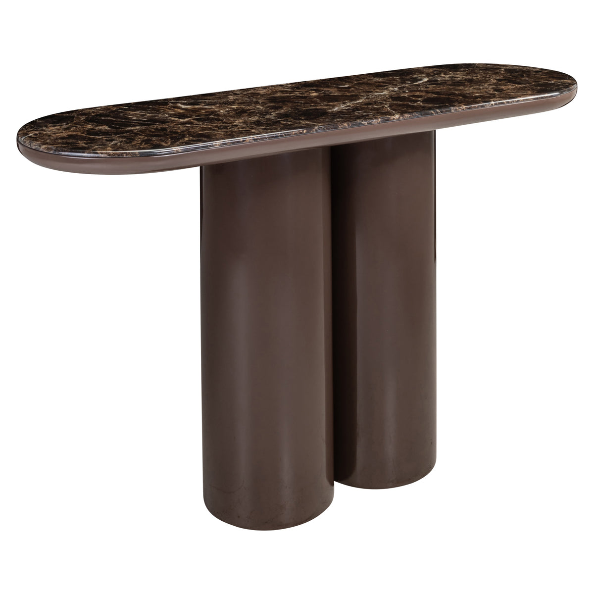 Sidetable Almundi bruin mdf, schuin vooraanzicht op witte achtergrond