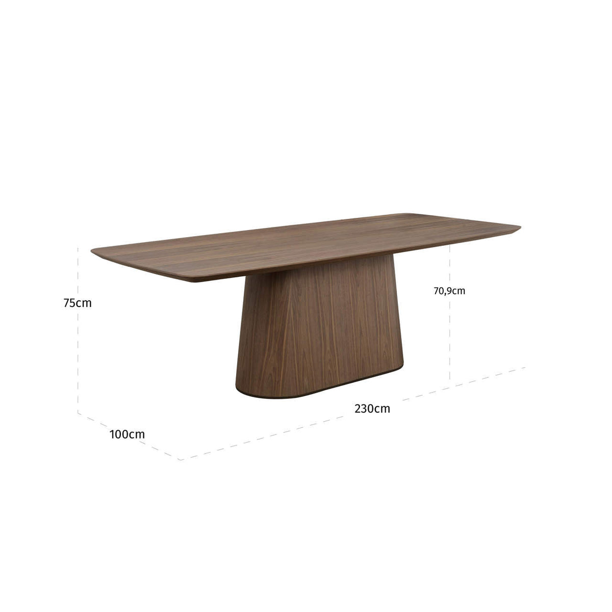Eettafel Windsor walnoot mdf 230 cm, maatvoering met afmetingen