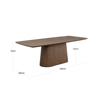 Eettafel Windsor walnoot mdf 230 cm, maatvoering met afmetingen