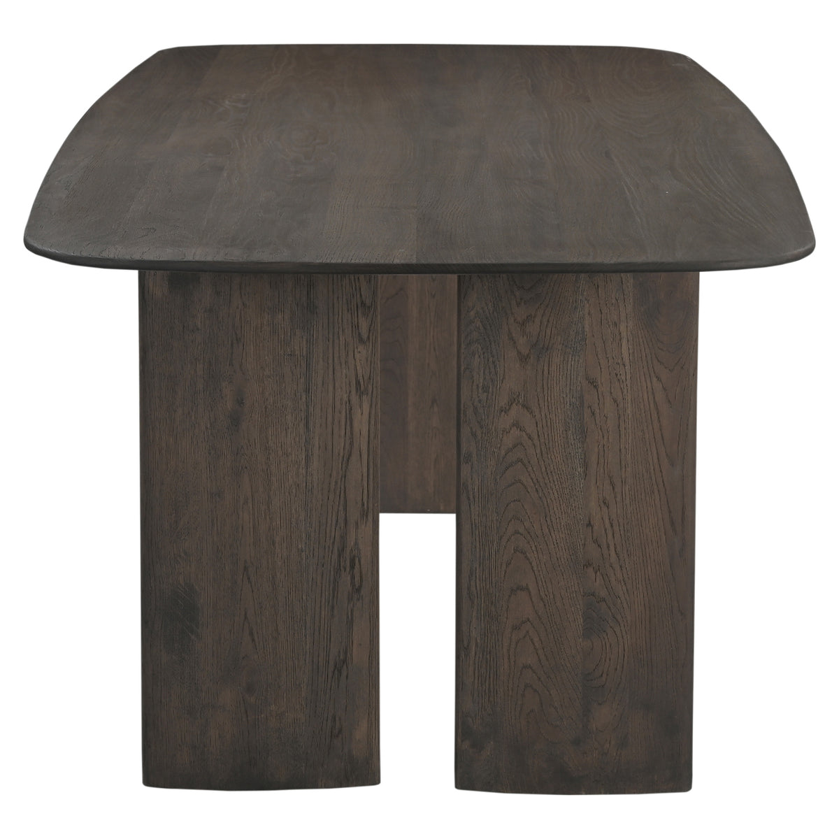Eettafel Castello donkergrijs eikenhout, zijaanzicht op witte achtergrond