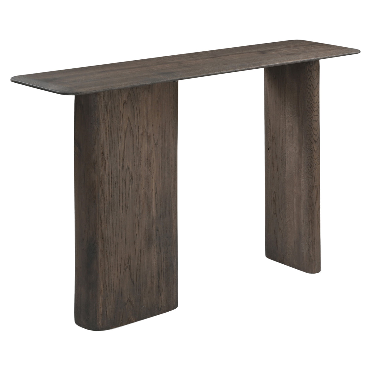 Sidetable Castello donkergrijs eikenhout, schuin vooraanzicht op witte achtergrond