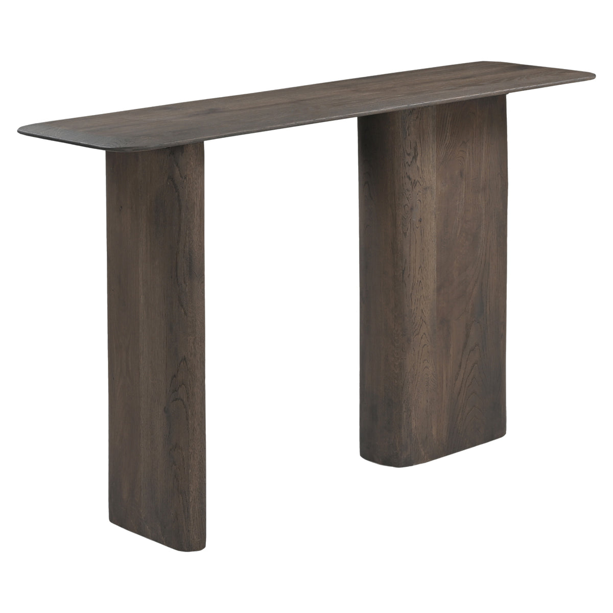 Sidetable Castello donkergrijs eikenhout, schuin vooraanzicht op witte achtergrond