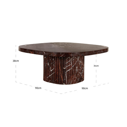 Salontafel Orchid rood marmer, maatvoering met afmetingen