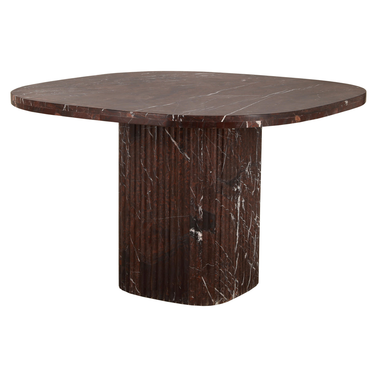 Eettafel Orchid rood marmer, schuin vooraanzicht op witte achtergrond