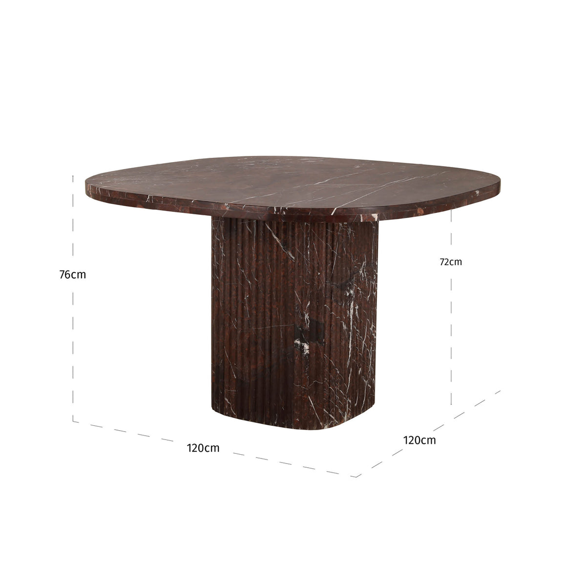 Eettafel Orchid rood marmer, maatvoering met afmetingen