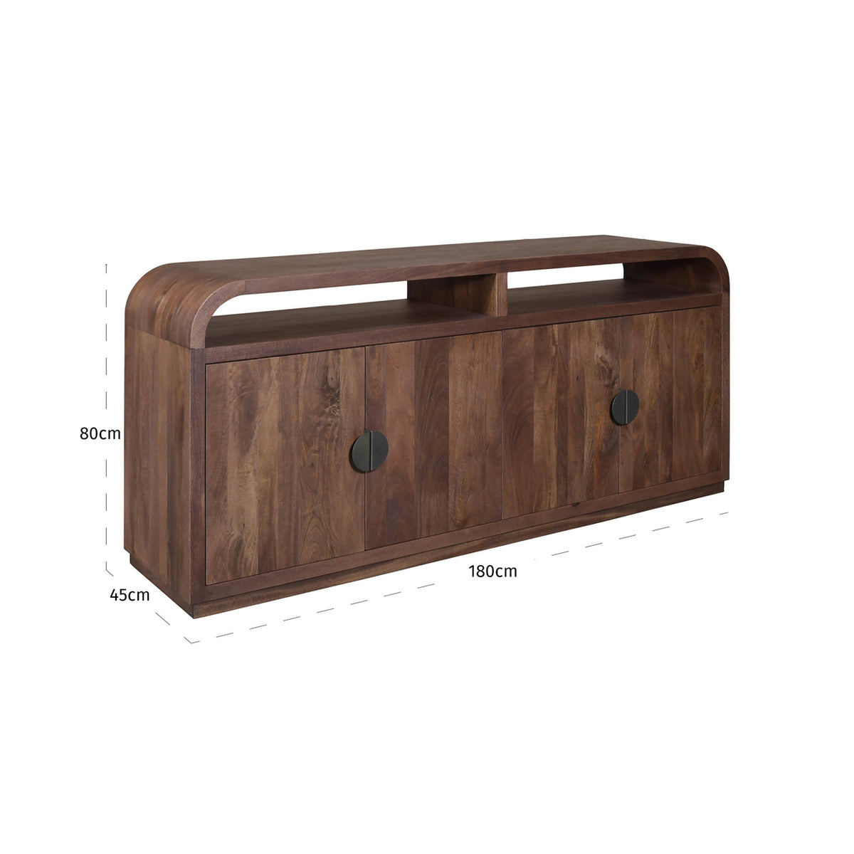 Dressoir Baldwin bruin mangohout, maatvoering met afmetingen