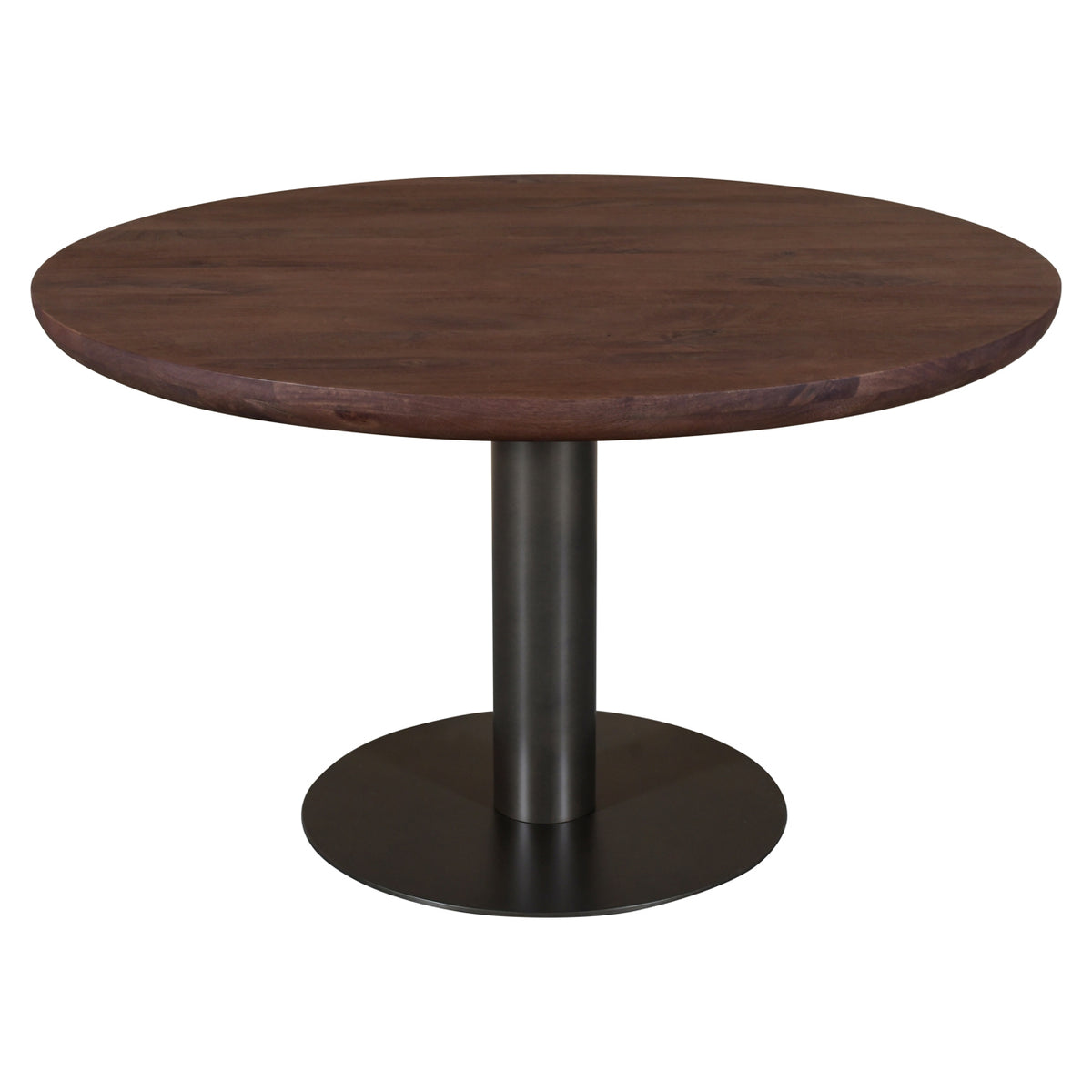 Eettafel Baldwin bruin mangohout, schuin vooraanzicht op witte achtergrond