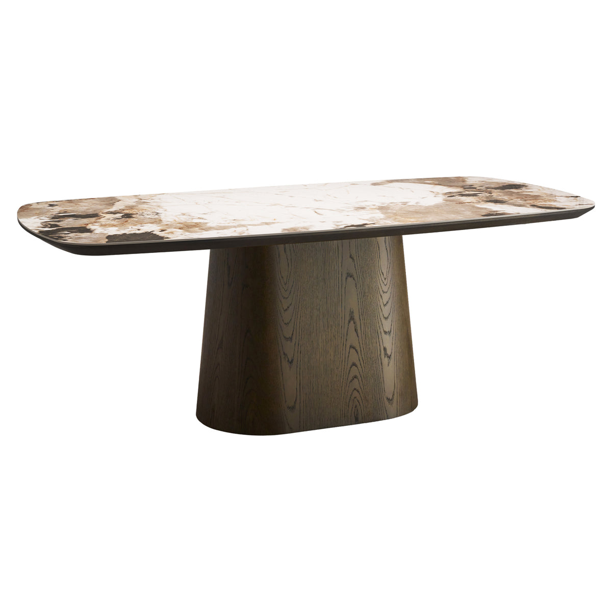 Eettafel Langford bruin mdf 200 cm, schuin vooraanzicht op witte achtergrond